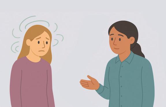 Illustration of a worried person talking with a calm, supportive therapist.