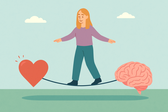 A woman balancing heart and mind  metaphorically